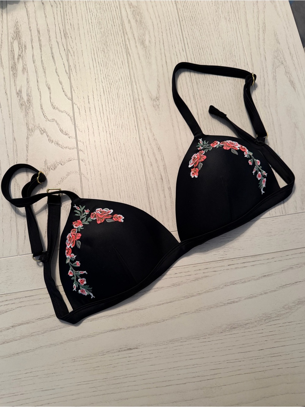 Black Floral Embroidered Push-Up Bikini Top